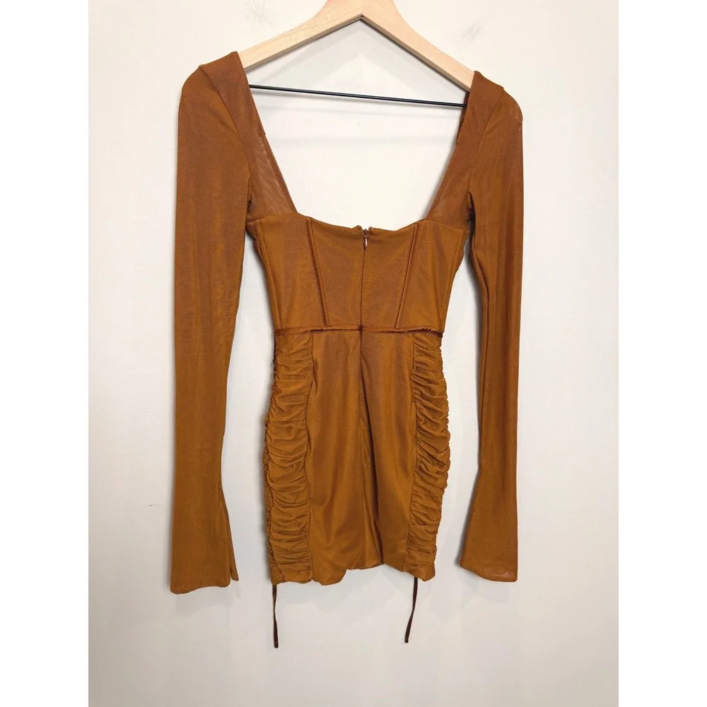 Oh Polly Corset Long Sleeve Mesh Mini Dress Baddie Hot Rouched Sheer Brown 2 - Picture 3 of 13